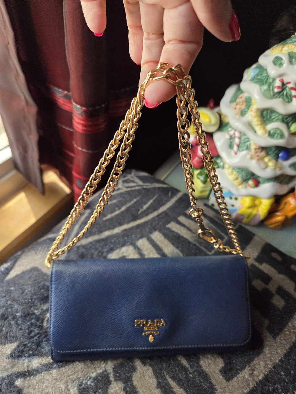 Prada Blue Saffiano Leather Continental Wallet w/ An Unbranded Chain